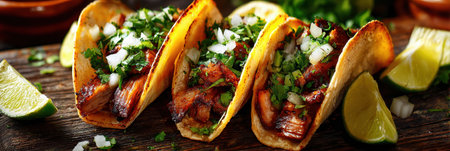 Tacos filled with grilled meat, onions, and cilantro served with lime wedges on a wooden board ready to enjoy.の素材