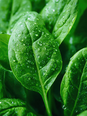 Close view of fresh spinach leaves, each adorned with clear water droplets, showing their rich green color and texture.の素材