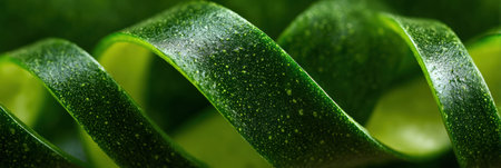 Close-up of vibrant green vegetable ribbons, showing their fresh texture and color in a bright setting.の素材