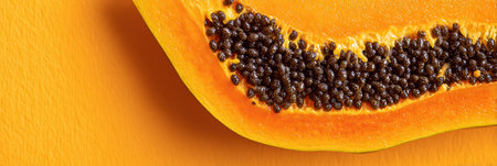 A halved papaya with a bright orange color and many black seeds is displayed over a matching solid-colored background.の素材