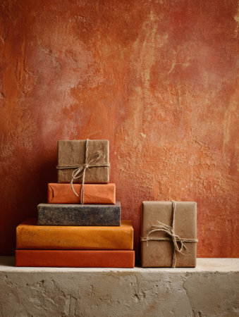 Colorful stacked gift boxes tied with twine sit on a textured surface against a warm, earthy wall.の素材
