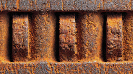 Close-up of a rugged metallic surface showing rust and texture under natural light, showing industrial decay.の素材