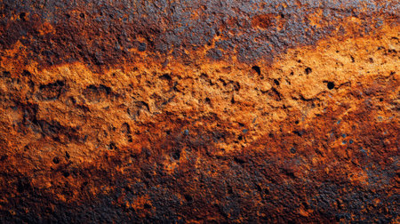 Close-up of a rusty surface showing vibrant textures and natural deterioration in afternoon light.の素材