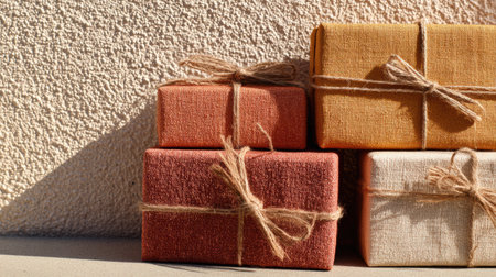Four beautifully wrapped gifts sit neatly against a textured wall, showcasing warm colors and natural twine.の素材