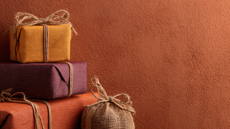 Decorative gifts in vibrant wraps rest on each other, creating a festive atmosphere perfect for a special occasion.の素材