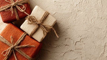 Three warm, wrapped gifts on a textured surface create a festive and joyful atmosphere.の素材