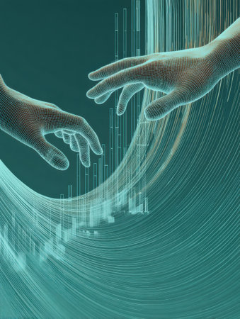 Two hands reach for each other, symbolizing connection with vivid digital elements.の素材