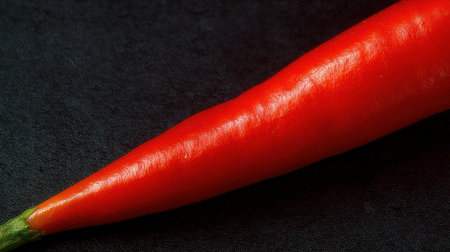Fresh red chili pepper displayed on a dark background highlights its glossy surface and vivid color, ideal for cooking.の素材