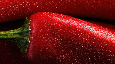 Bright red peppers glisten with droplets, showing their freshness and vibrant colors in a dynamic arrangement.の素材