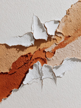 Peeling layers of paint and plaster on a wall showcase various warm tones, highlighting texture and decay in daylight.の素材