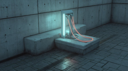 Illuminated cables artistically contrast against an industrial concrete backdrop, creating a striking night scene.の素材