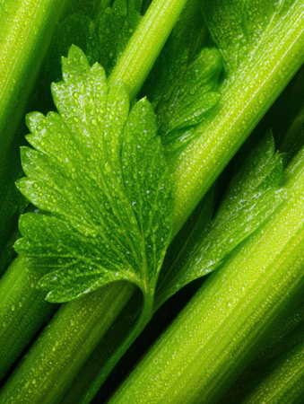 Close-up of fresh celery with water droplets, showing the vibrant green color and crisp texture of the stalks.の素材