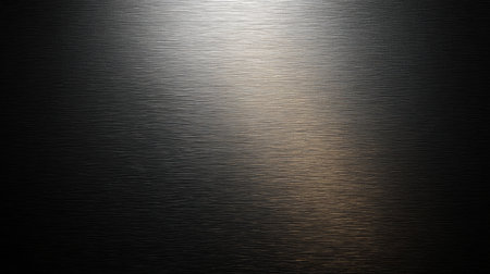 Brushed metal reflects light, creating a subtle gradient effect in a dark environment. It highlights texture and depth.の素材