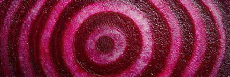 Sliced red onion displays beautiful concentric circles and vibrant colors in detailed close-up view.の素材