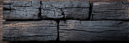 Charred wood pieces arranged on a textured surface, showcasing unique patterns and dark tones from burning.の素材