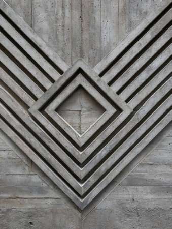 Concrete wall features diagonal stripes and a diamond shape, showing modern architectural design and materials.の素材