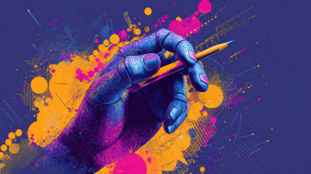 A hand grips a pen amid vibrant splashes, showing creativity and artistic expression in bright colors.の素材