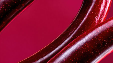 Bright pink backdrop highlights vibrant red candies with shiny surfaces and intricate patterns.の素材