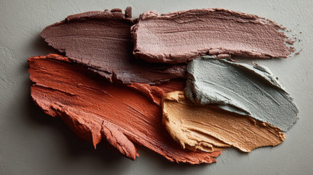 Five paint colors in brown, gray, and orange on a textured surface for creative projects.の素材