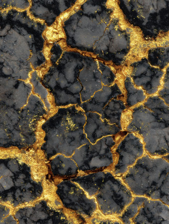 This striking texture features a black base with bold gold cracks, ideal for art, design, and backgrounds.の素材