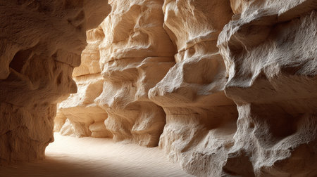 Light filters through towering stone walls of a sandy canyon, creating a mystical atmosphere in the warm daylight.の素材