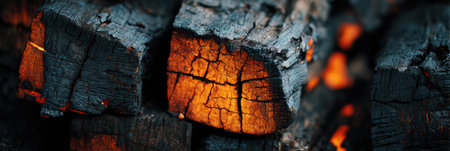 Glowing charcoal pieces ignite warmth and light in a cozy gathering spot during the evening.の素材