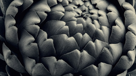 A striking black and white view showcases an artichokes unique layers and textures beautifully.の素材