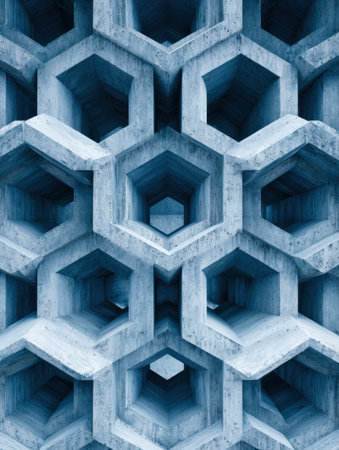 Explore a stunning pattern of hexagonal shapes in a concrete structure, emphasizing modern architecture and design.の素材