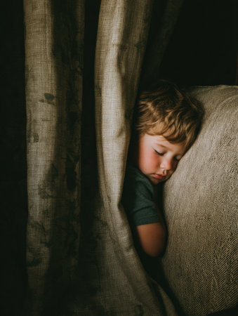 A young child is fast asleep on a couch, nestled behind gentle curtains, creating a serene atmosphere in a cozy room.の素材