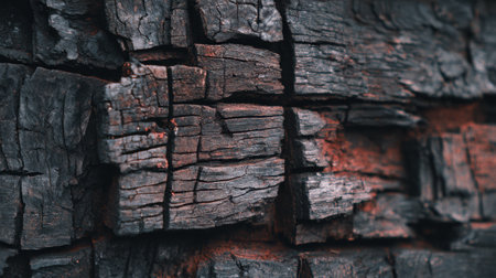 Close-up view of charred wood revealing intricate cracks and texture, highlighting the effects of fire damage and age.の素材