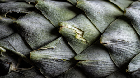 Detailed view of a plants surface revealing intricate green and gray patterns with sunlight highlighting its textures.の素材
