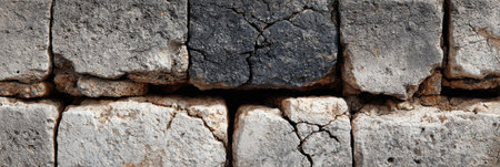Weathered stone wall showcases unique textures and cracks, revealing the passage of time in a rustic environment.の素材