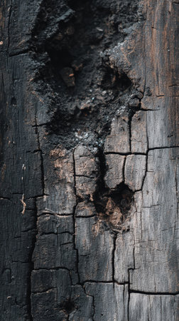 Close-up view of a wooden surface displaying charred texture, cracks, and signs of age after fire exposure.の素材