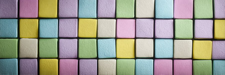 Soft pastel square candies are neatly arranged, perfect for a festive setting or a sweet treat.の素材