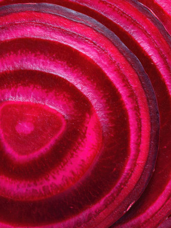 Close-up of fresh beetroot slices shows vibrant red spiral patterns and rich organic textures.の素材