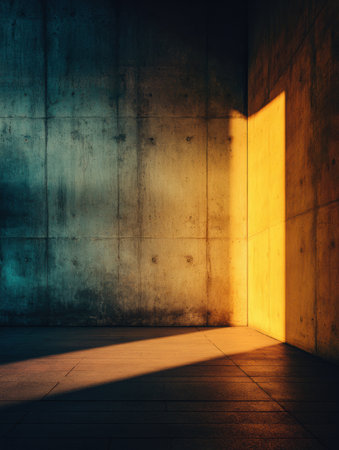 Warm sunlight fills a concrete room corner, highlighting textures and casting shadows in the evening.の素材