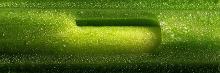 Dewy green celery showcases its crisp texture and vibrant color in natural light.の素材