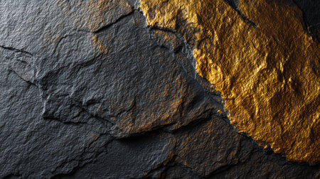 A close view of a textured stone with rich black and shiny gold areas, highlighting unique natural patterns and colors.の素材