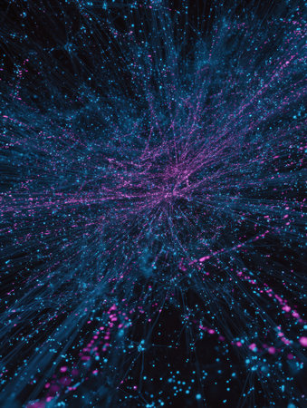 Dynamic network visual with glowing blue and pink particles, simulating movement in a dark space.の素材