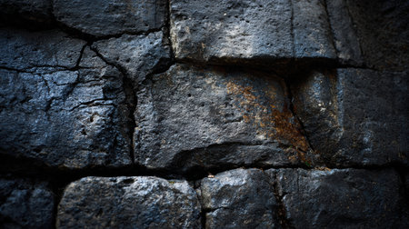 The textured stone wall features weathered surfaces, revealing varying shades of gray and hints of rust over time.の素材