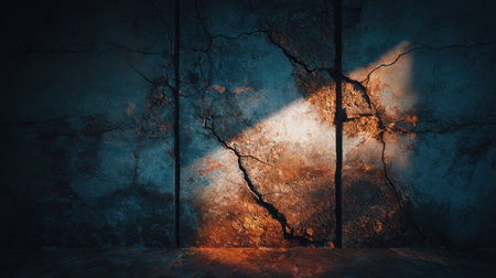 Soft light highlights a cracked walls rough texture, contrasting shadow and light in a forgotten place.の素材