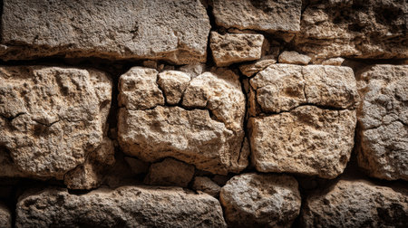 Rugged stones form a weathered wall, showing natural textures and earthy tones under bright daylight.の素材