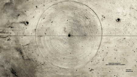 A textured circular design with concentric lines and marks on worn concrete forms an intriguing visual.の素材