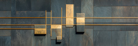 Gold geometric shapes stand out against a dark slate backdrop, highlighting modern craftsmanship in design.の素材