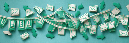 Vibrant paper elements for SEO and email marketing are displayed on a teal surface, showing digital ideas.の素材