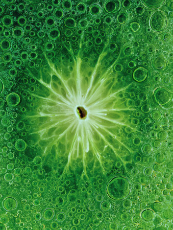 A close-up shows a green plants stunning patterns with tiny bubbles and organic shapes.の素材