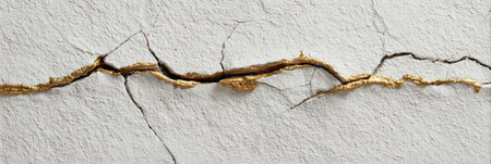 Close-up of a cracked wall shows gold detailing in a bright indoor space, showcasing unique textures.の素材