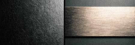 Textured black slate and shiny metal panel arranged artistically on a smooth surface, creating a modern aesthetic.の素材