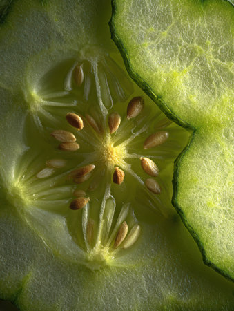 Fresh cucumber slices reveal vibrant green hues, intricate seeds, and textures under soft lighting.の素材