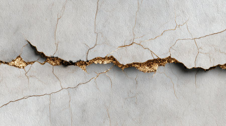 Detail of a cracked surface showing golden veins and a textured pattern, highlighting the contrast between materials.の素材